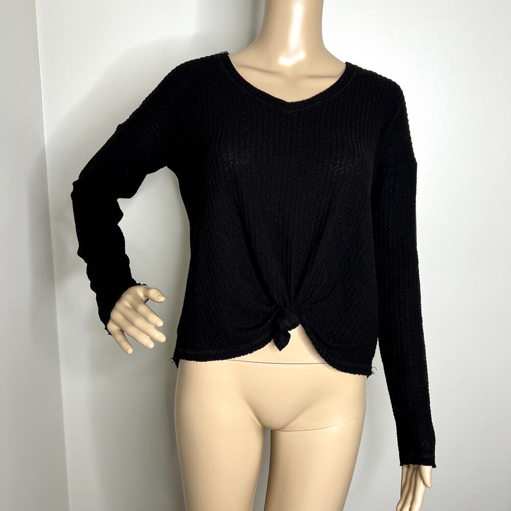 Mudd Black Waffle Knit Tie Long Sleeve Top